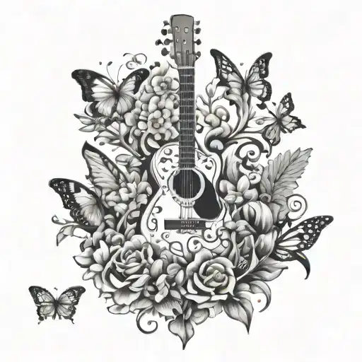 A garden scene with butterflies and flowers intertwined with musical instruments like guitars and drums tattoo design idea