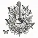 A garden scene with butterflies and flowers intertwined with musical instruments like guitars and drums tattoo design idea