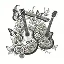 A garden scene with butterflies and flowers intertwined with musical instruments like guitars and drums tattoo design idea
