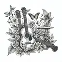 A garden scene with butterflies and flowers intertwined with musical instruments like guitars and drums tattoo design idea