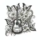 A garden scene with butterflies and flowers intertwined with musical instruments like guitars and drums tattoo design idea