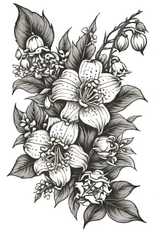 3 different climbing flowers: Lily of the valley, daisy, rose tattoo design idea