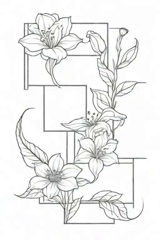 3 climbing flowers, the Lily of the valley, daisy, and a rose. geometric background, framing the 3 flowers tattoo design idea