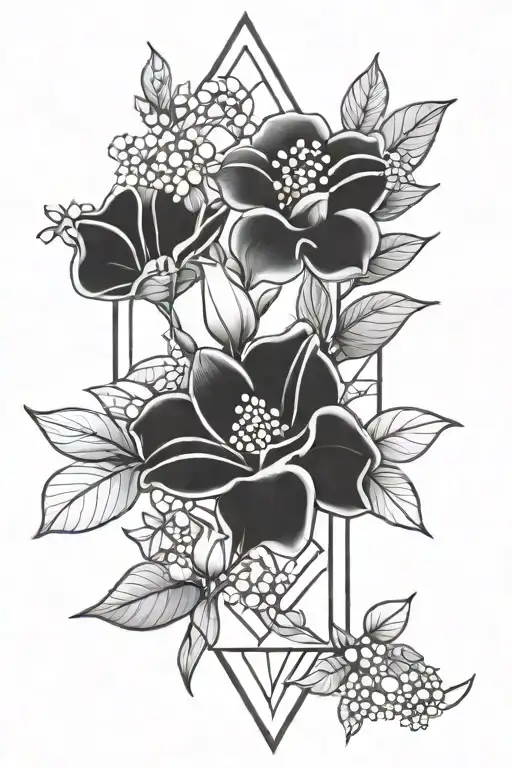 3 climbing flowers, the Lily of the valley, daisy, and a rose. geometric background, framing the 3 flowers tattoo design idea