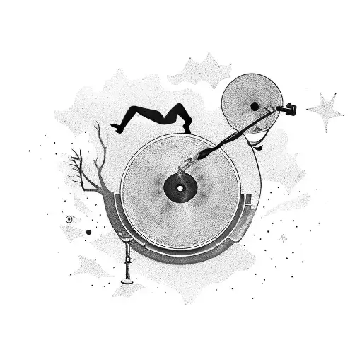 A silhouette of a DJ spinning records under a starry night sky tattoo design idea