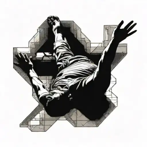A detailed blackwork tattoo of a prisoner laying on the floor, looking up at a ceiling window with sunlight streaming in, symbolizing hope and freedom tattoo design idea