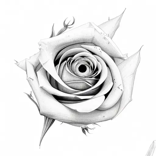 a rose with an eye and sharp, torn leaves tattoo design idea