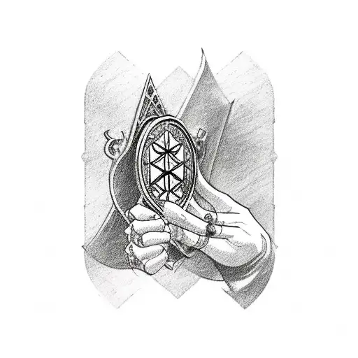 A tattoo of a medieval knight holding a smartphone with a screen displaying the One Ring from Lord of the Rings tattoo design idea