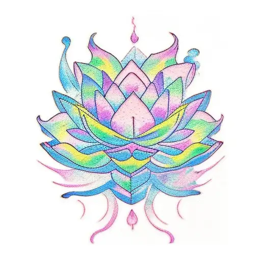 A 1.5x4 inches colored tattoo of a lotus flower subtle Japanese wave and wind bar in the background  tattoo design idea
