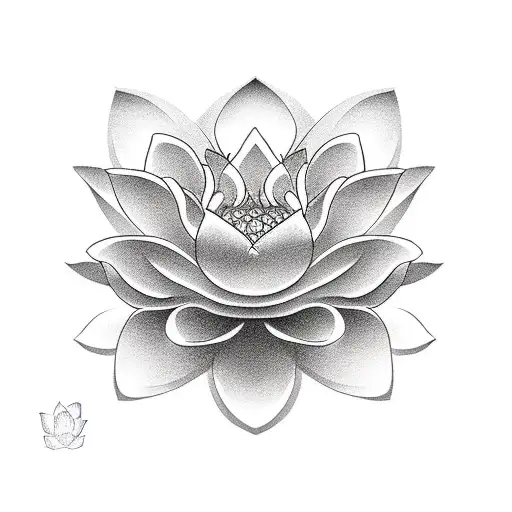 A realistic black and grey tattoo of a serene lotus flower blooming in a traditional Japanese garden with a subtle Japanese wave in the background tattoo design idea