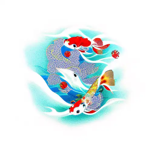 A new-school style tattoo featuring a koi fish swimming through a vibrant Japanese wave surrounded by lotus flowers tattoo design idea