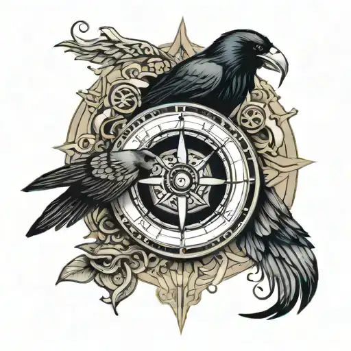 viking compass with raven flying tattoo design idea