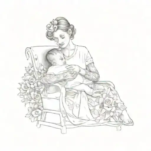 a woman holding a baby in a chair tattoo design idea