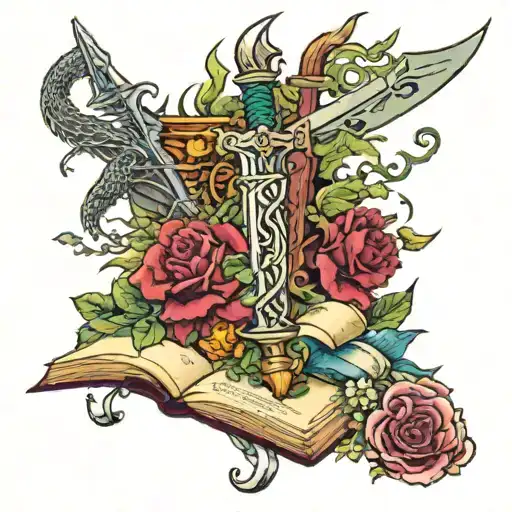 a sword stabing through books with flowers, dragons, fairies, mermaids, vines, a mountain in the background and a crsesn tattoo design idea