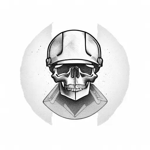 Skull wearing a construction hard hat and holding a skateboard in a blackwork style tattoo design idea