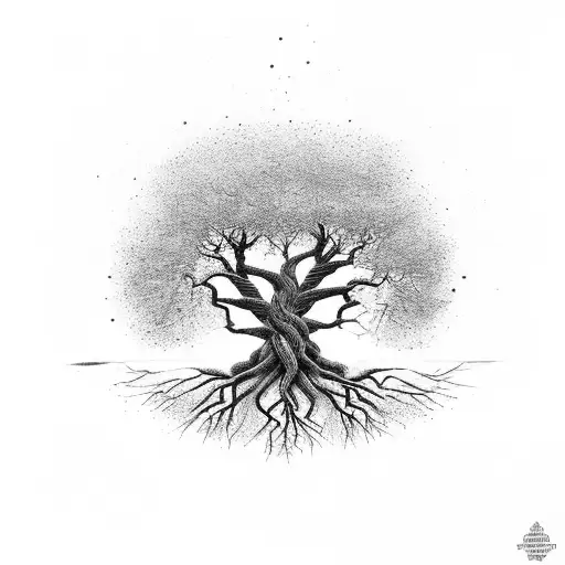 Tree of strength: Create a tattoo of a mighty tree with roots deep in the ground and branches reaching towards the sky,  tattoo design idea