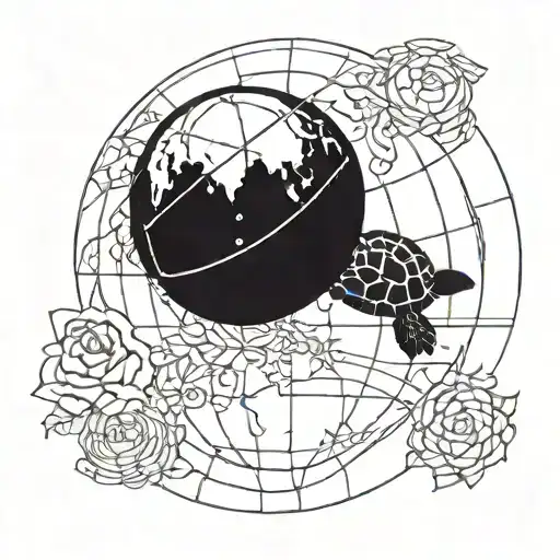 A blackwork silhouette of a globe with a tiny turtle crawling across it, symbolizing your endless desire to explore every corner of the world tattoo design idea