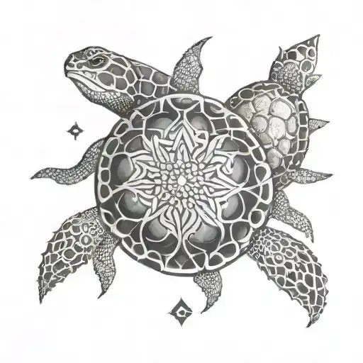 A dotwork mandala design with small turtles hidden throughout the intricate patterns, representing the diverse cultures and destinations you've experienced on your travels tattoo design idea