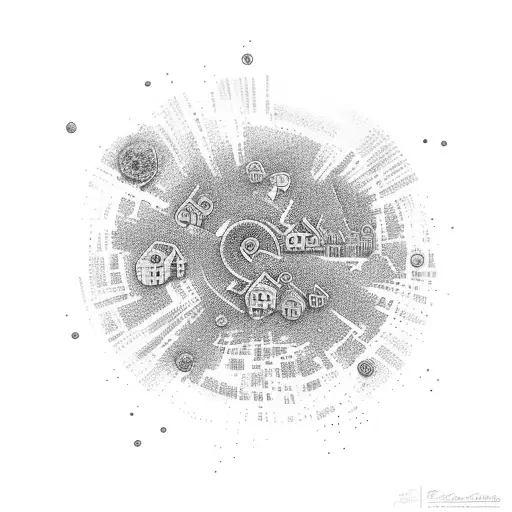 An abstract representation of the Finnish landscape with bacteriophages as the focal point tattoo design idea