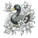 birth flowers growing with a duck holding tattoo design idea