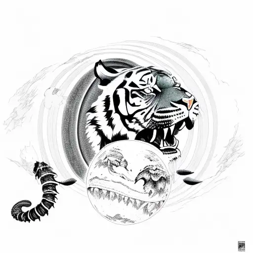 tiger biting apocalyptic planet with scorpion under planet with tail wrapped around the planet tattoo design idea