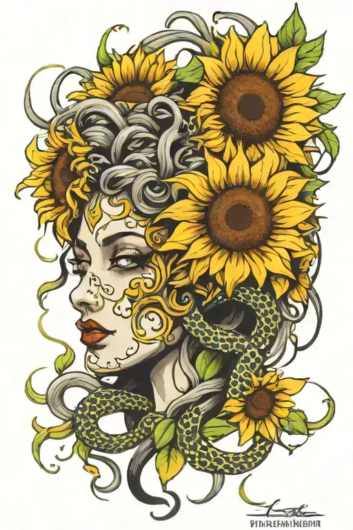 medusa snakes sunflowers wrapped tattoo design idea