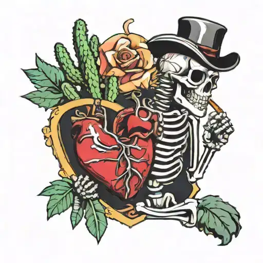 a skeleton smoking a cigarette while riding a human heart like a horse next to a saguaro cactus.  tattoo design idea