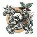 a skeleton smoking a cigarette while riding a human heart like a horse next to a saguaro cactus.  tattoo design idea