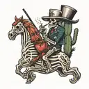a skeleton smoking a cigarette while riding a human heart like a horse next to a saguaro cactus.  tattoo design idea