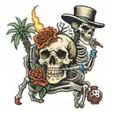 a skeleton smoking a cigarette while riding a human heart like a horse next to a saguaro cactus.  tattoo design idea