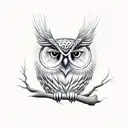 A mysterious owl perched on a branch, symbolizing deep thought and intelligence tattoo design idea