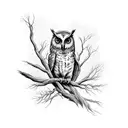 A mysterious owl perched on a branch, symbolizing deep thought and intelligence tattoo design idea