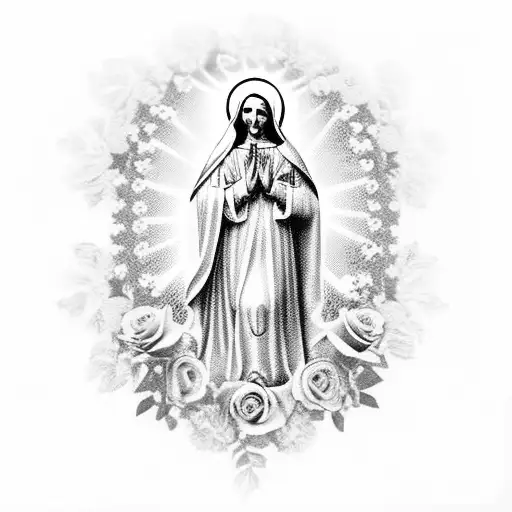 Virgin Mary full body and praying hands surrounded by roses tattoo design idea