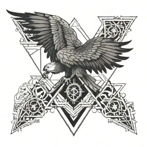 A geometric eagle perched on a masonic square and compass, surrounded by intricate patterns tattoo design idea