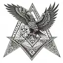 A geometric eagle perched on a masonic square and compass, surrounded by intricate patterns tattoo design idea