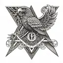 A geometric eagle perched on a masonic square and compass, surrounded by intricate patterns tattoo design idea