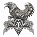 A geometric eagle perched on a masonic square and compass, surrounded by intricate patterns tattoo design idea