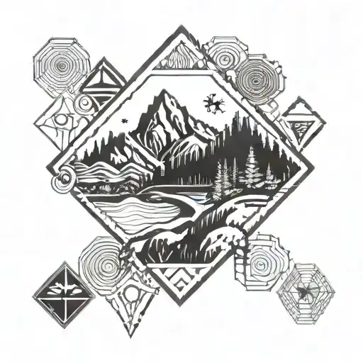 A geometric pattern inspired by hiking trail markers and metal music motifs tattoo design idea