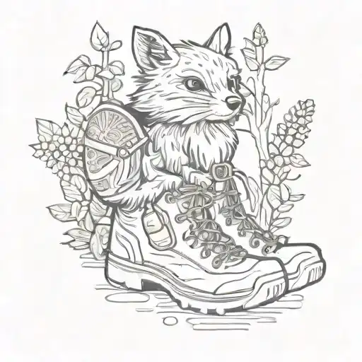 A sketch style tattoo of a whimsical hippy-inspired woodland creature with hiking boots and a trail map tattoo design idea