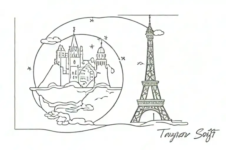 small minimal postcard style tattoo featuring European landmarks and a subtle reference to Taylor Swift's lyrics tattoo design idea