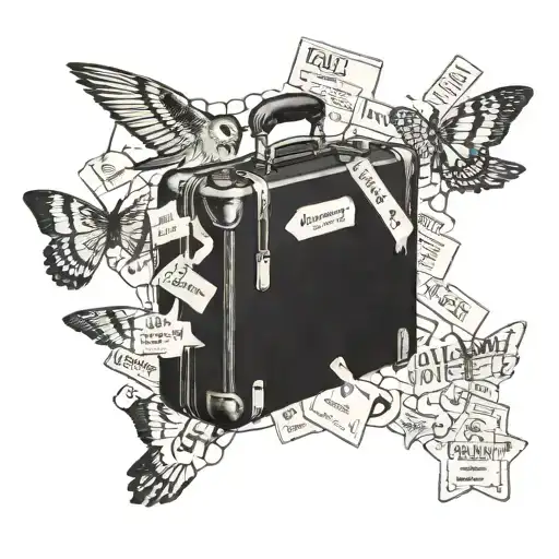 A vintage suitcase with Taylor Swift's album titles written on luggage tags, representing the client's passion for both travel and music tattoo design idea
