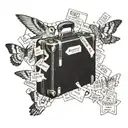 A vintage suitcase with Taylor Swift's album titles written on luggage tags, representing the client's passion for both travel and music tattoo design idea