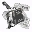 A vintage suitcase with Taylor Swift's album titles written on luggage tags, representing the client's passion for both travel and music tattoo design idea