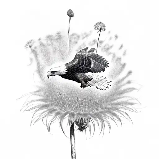eagle and a dive infront of a dandelion that's having its seeds fly away tattoo design idea