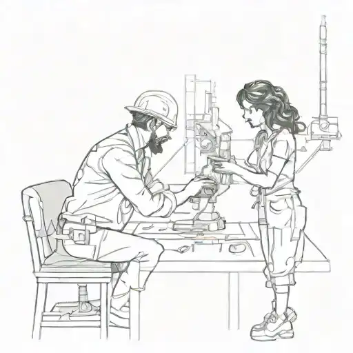A tattoo design of an engineer working on a complex blueprint with a strong woman overlooking and guiding the process tattoo design idea