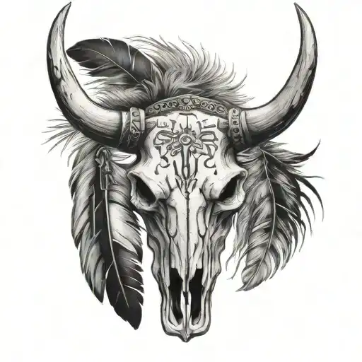 bull skull with Indian feathers hanging tattoo design idea