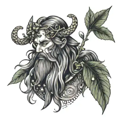 A tattoo design merging dark metal aesthetics with Loky, the Norse god, holding mistletoe in a dotwork style tattoo design idea
