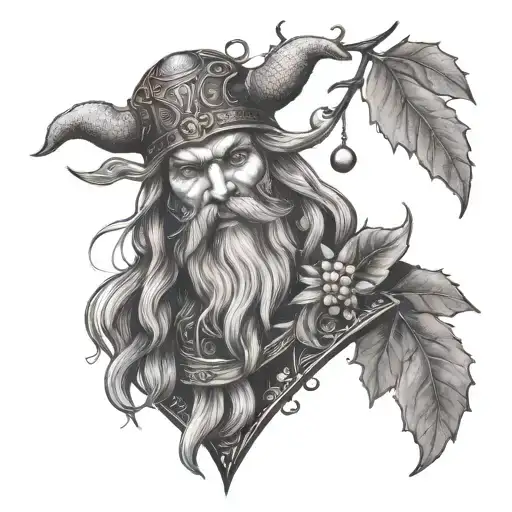 A tattoo design merging dark metal aesthetics with Loky, the Norse god, holding mistletoe in a dotwork style tattoo design idea