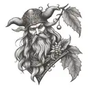 A tattoo design merging dark metal aesthetics with Loky, the Norse god, holding mistletoe in a dotwork style tattoo design idea
