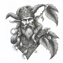 A tattoo design merging dark metal aesthetics with Loky, the Norse god, holding mistletoe in a dotwork style tattoo design idea